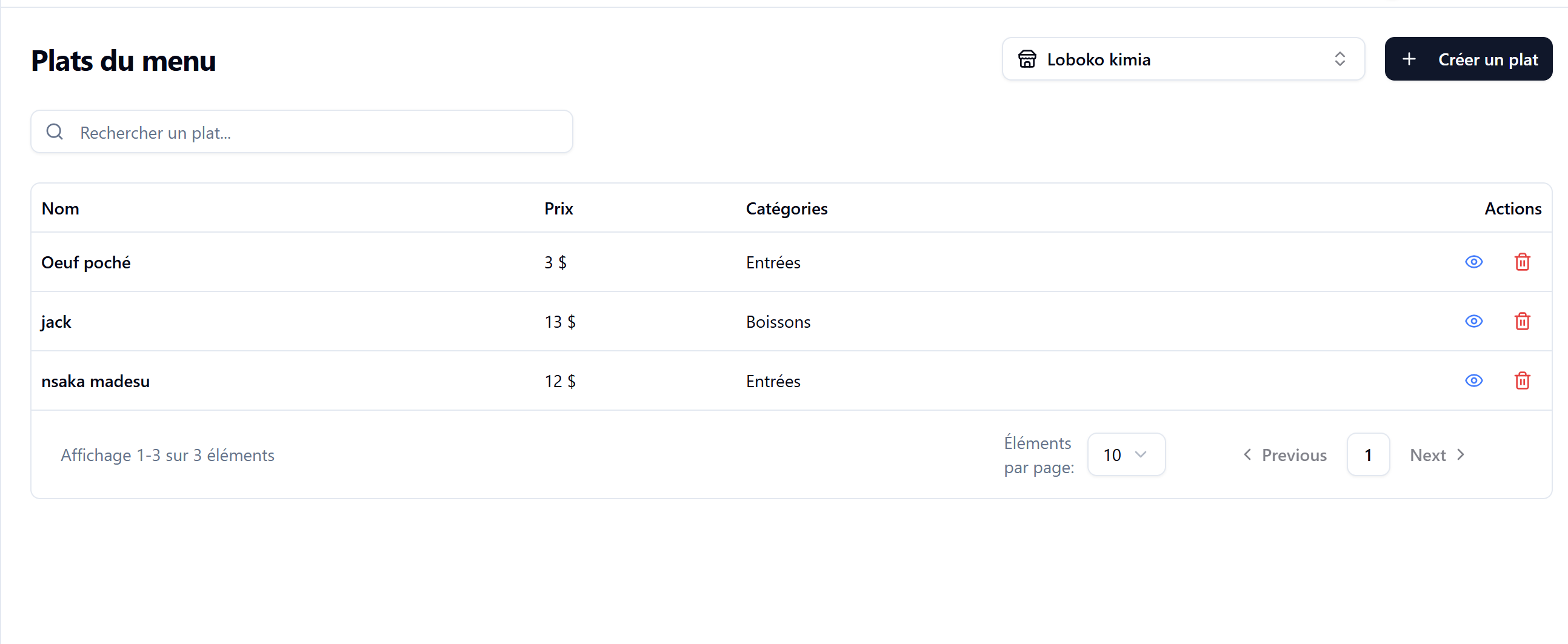 Gestion du menu
